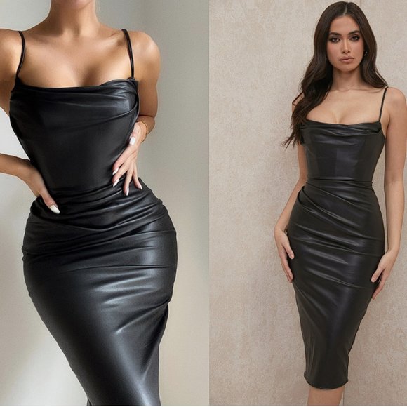 House of CB Dresses & Skirts - HOUSE OF CB 'Luanne' Black Vegan Leather Corset Midi Dress NWOT